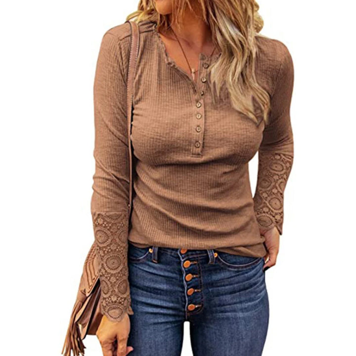 Women Long Sleeve Round Neck Solid Stitching Lace Loose T-shirt for Spring