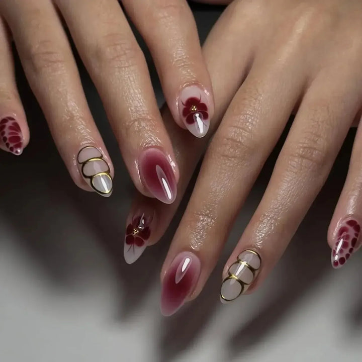 Almond Press-On Nails – 24 Pcs Flower Pattern False Nails | Bennys Beauty World-Nails-Bennys Beauty World