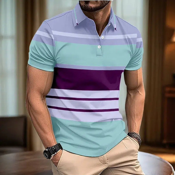 Men's summer short sleeved lapel striped polo shirt-Shirts-Bennys Beauty World