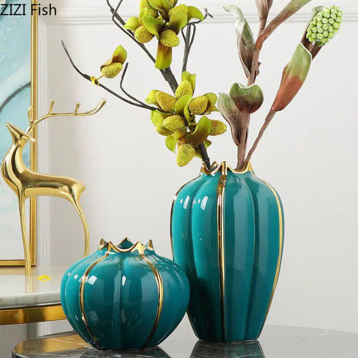 Green Pomegranate Gold-plated Ceramic Vase Desk Decoration Potted Plant Flower Pots Flowers Arrangement Crafts Floral Vases-Arlik interiors