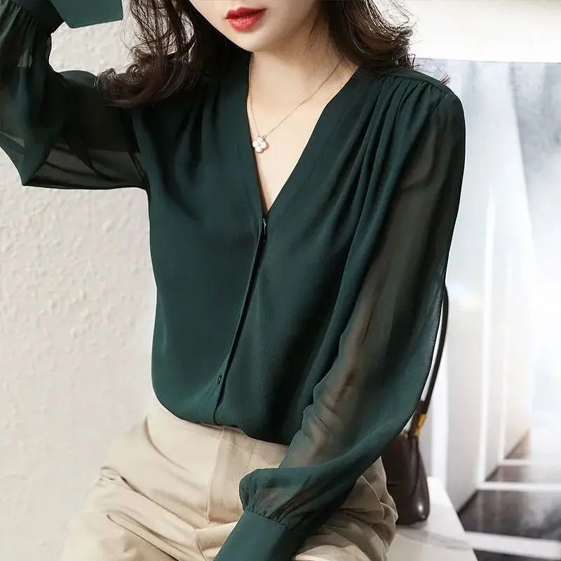 Chiffon V-Neck Blouse | Loose Fit Long Sleeve