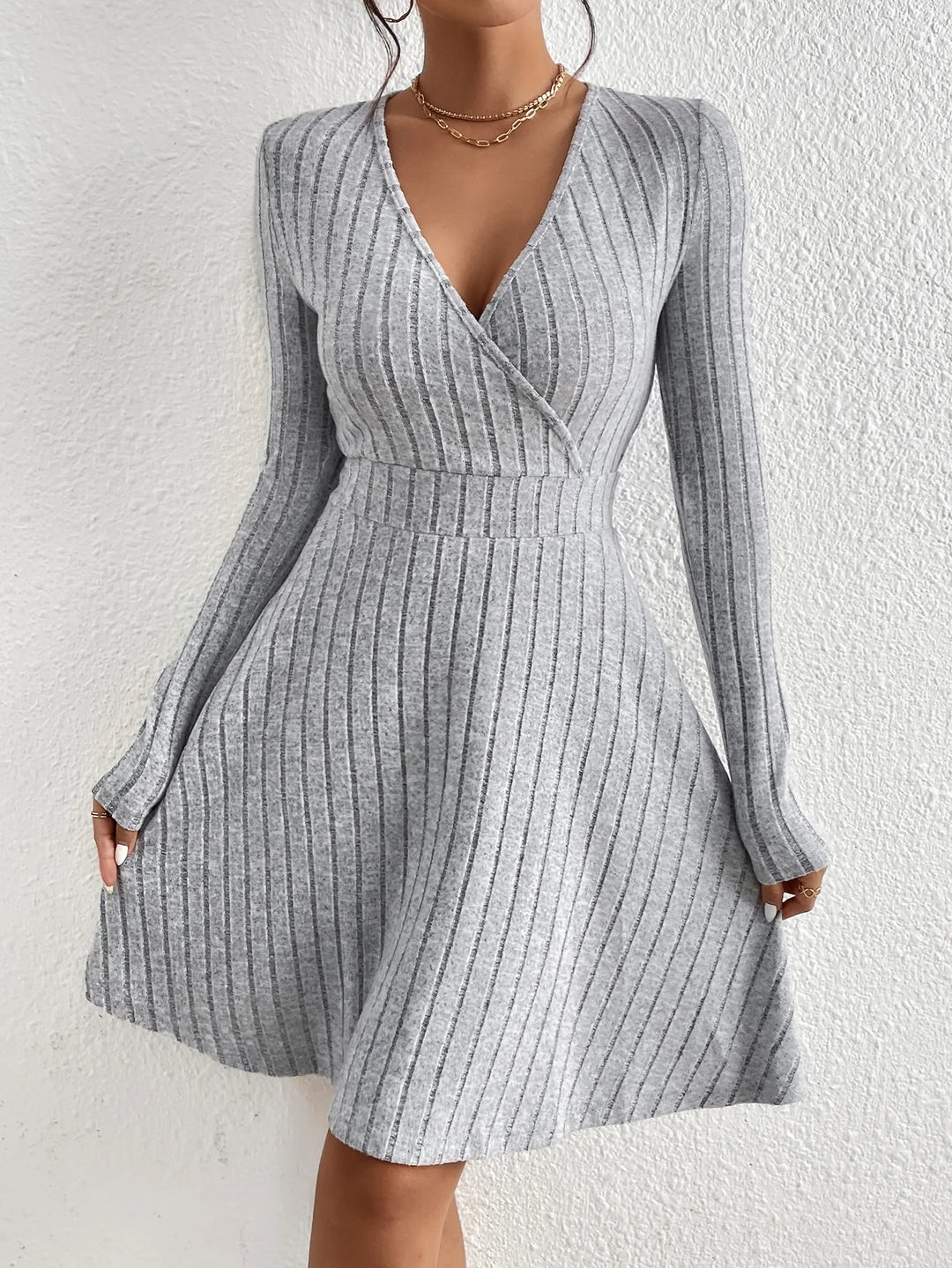 Women's Knit Bodycon Dress V-Neck Long Sleeve Dress