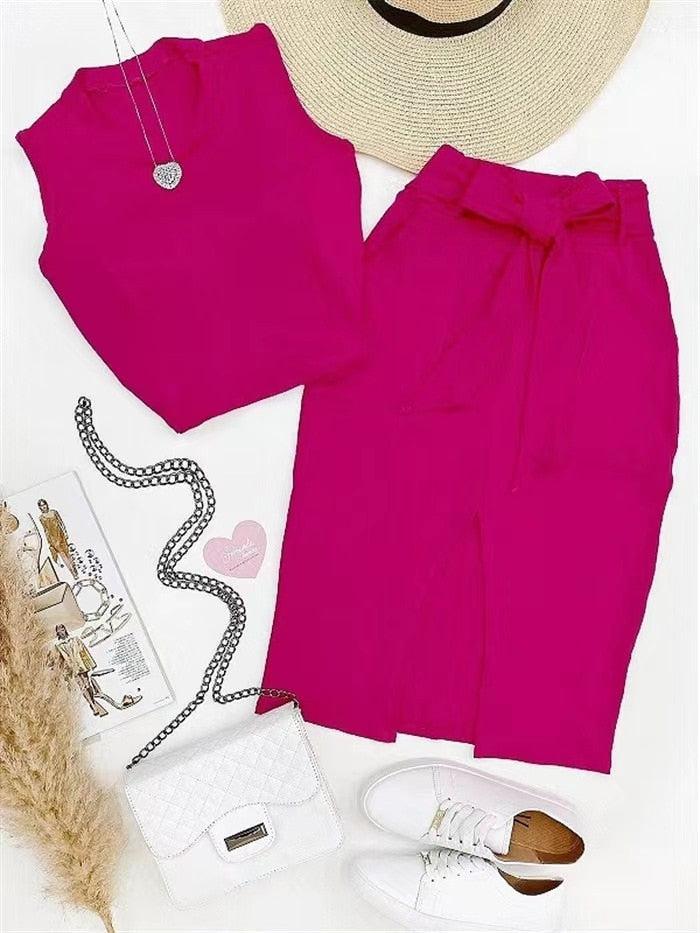 Solid Color Sleeveless Crop Tops And Belt Skirt Set Streetwear-Dress-Bennys Beauty World