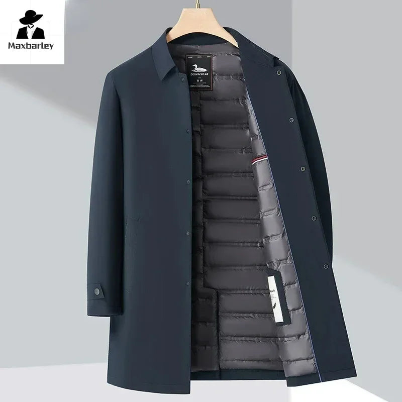 Luxury Brand Long Down Jacket Men's Winter Casual Thick Flip Collar White Duck Down Warm Parka Business Lightweight Trench Coat