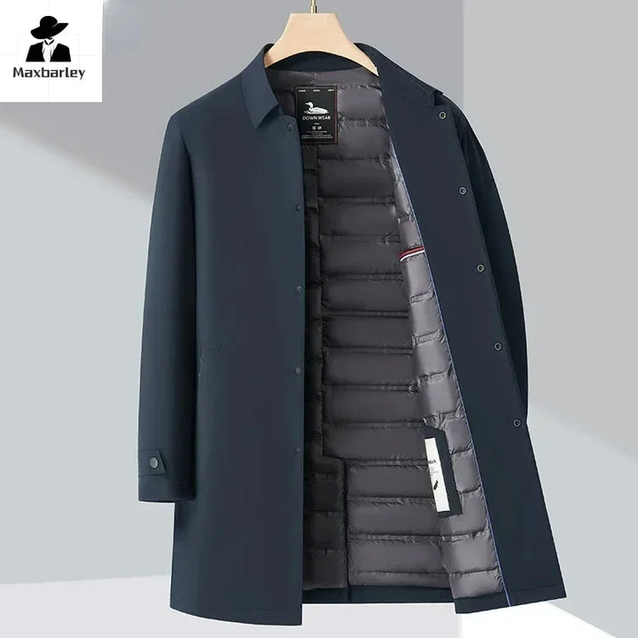 Luxury Brand Long Down Jacket Men's Winter Casual Thick Flip Collar White Duck Down Warm Parka Business Lightweight Trench Coat