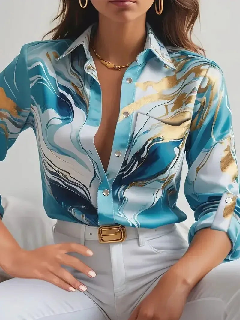 Women’s Printed Button-Up Shirt – Long Sleeve Loose Fit Korean Blouse-Shirt-Bennys Beauty World