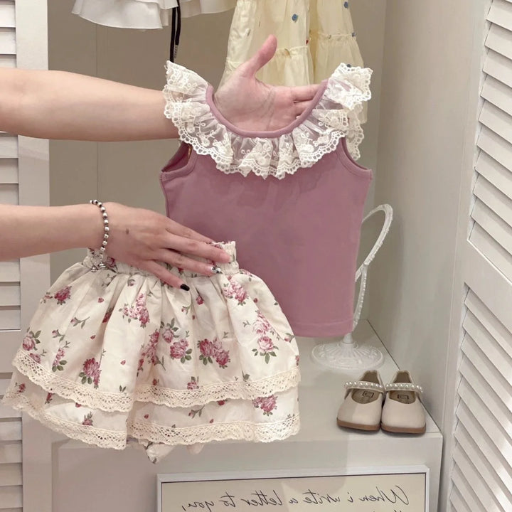 Girls Floral Double Layer Skirt | Sweet Lace Mini