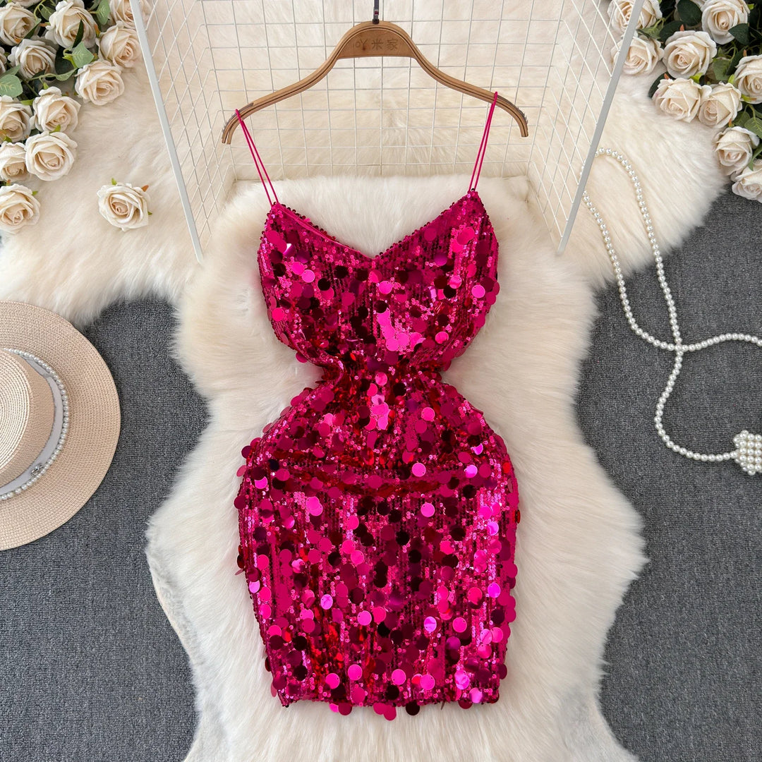 Sequin Spaghetti Strap Backless Mini Dress
