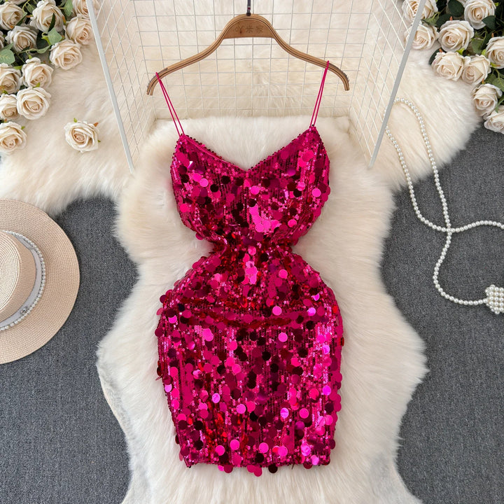 Sequin Spaghetti Strap Backless Mini Dress