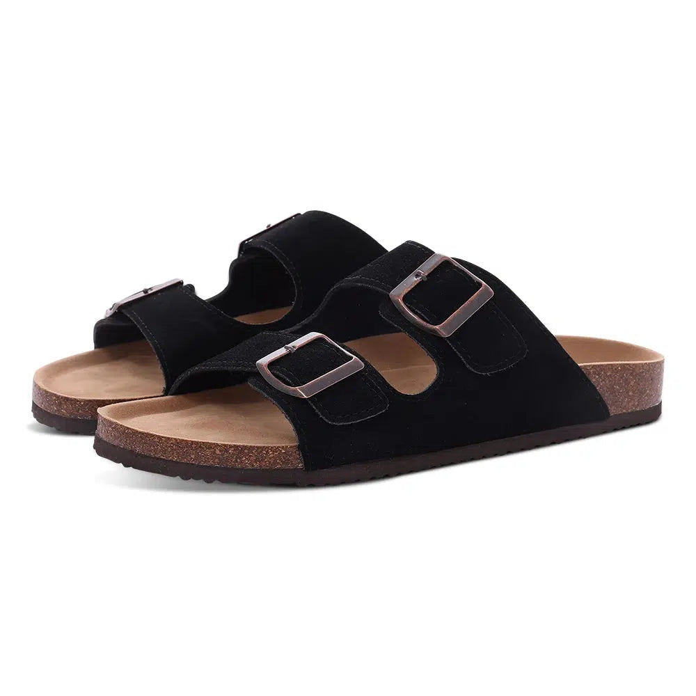 Comwarm Cork Footbed Sandals Women Summer Fashion Suede Flats Sandals With Arch Support Couple Open Toe Beach Slides Adjustable-Bennys Beauty World