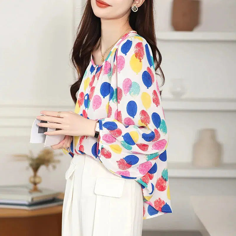 Womens Fashion Loose Casual Chiffon Shirts Spring Chic Balloon Printed Tops-blouse-Bennys Beauty World