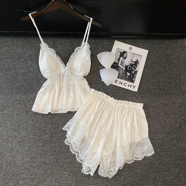 Summer Women Pajamas Lingerie Two Piece Lace Sleepwear