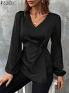 Fashion Satin Blouse For Women Autumn V Neck Long Sleeve Blous-blouse-Bennys Beauty World