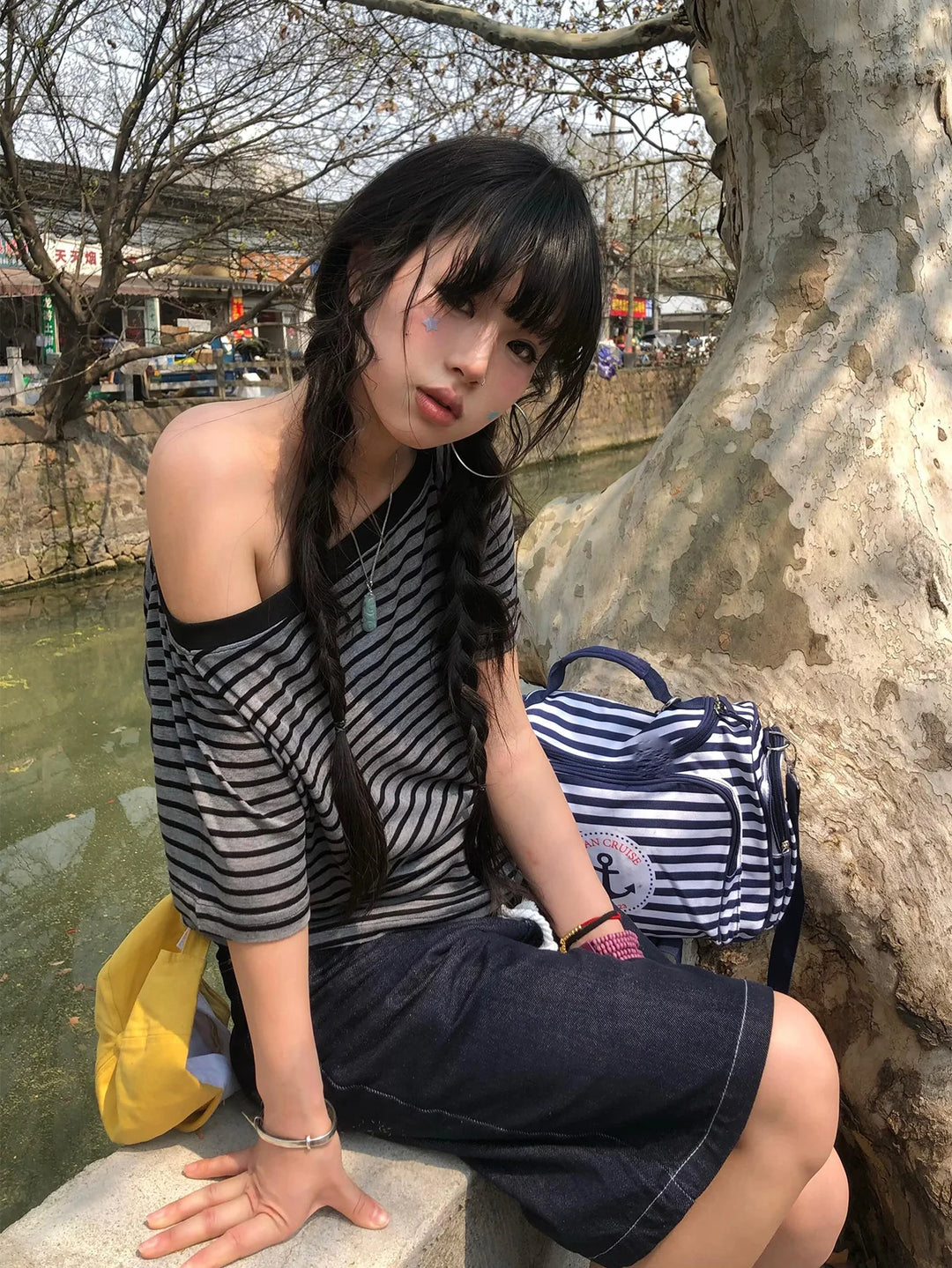 T-Shirt For Women Striped Off-Shoulder Grunge Tops
