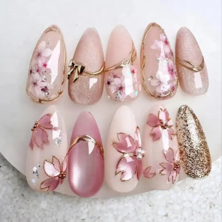 Almond Press-On Nails – 24 Pcs Flower Pattern False Nails | Bennys Beauty World-Nails-Bennys Beauty World