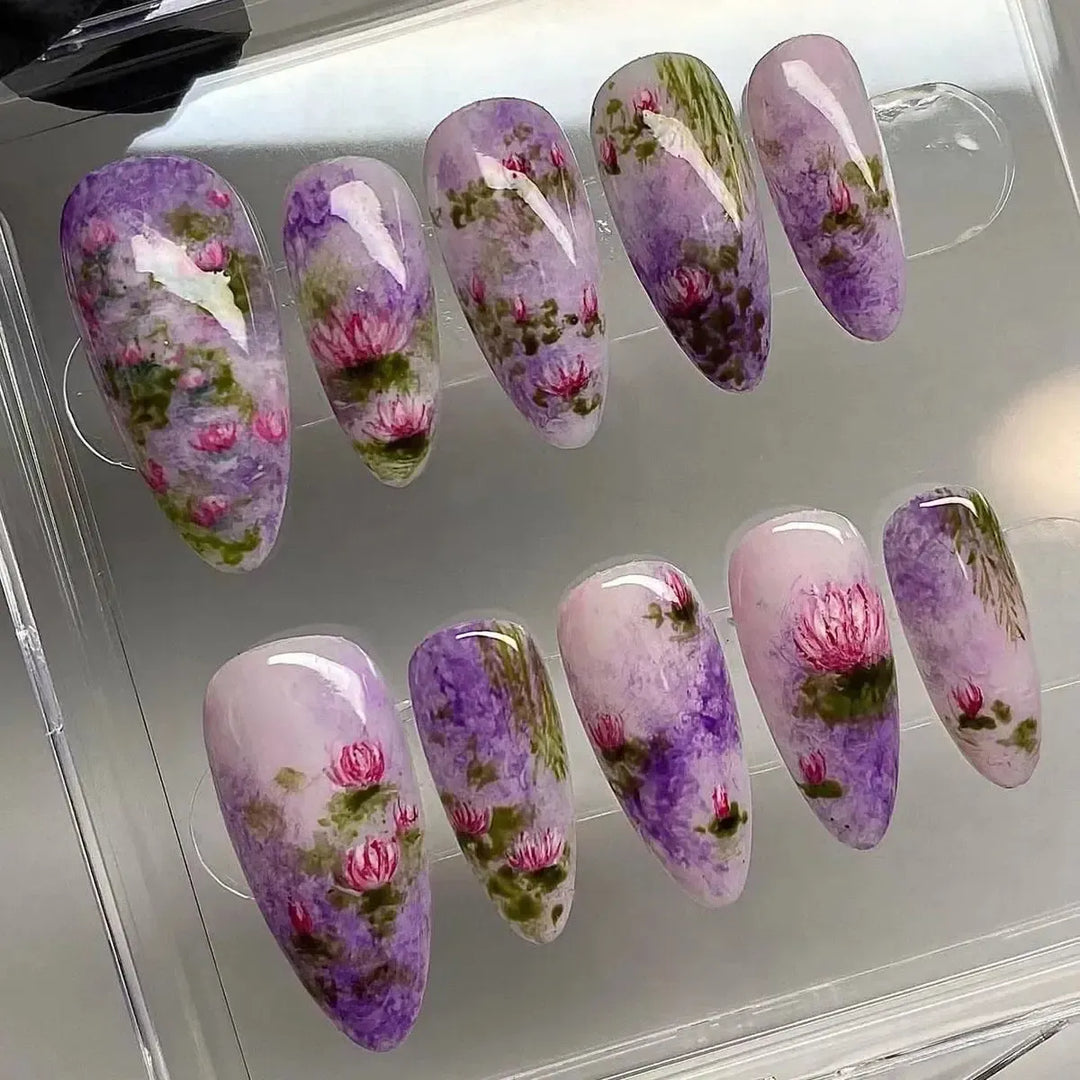 Almond Press-On Nails – 24 Pcs Flower Pattern False Nails | Bennys Beauty World-Nails-Bennys Beauty World