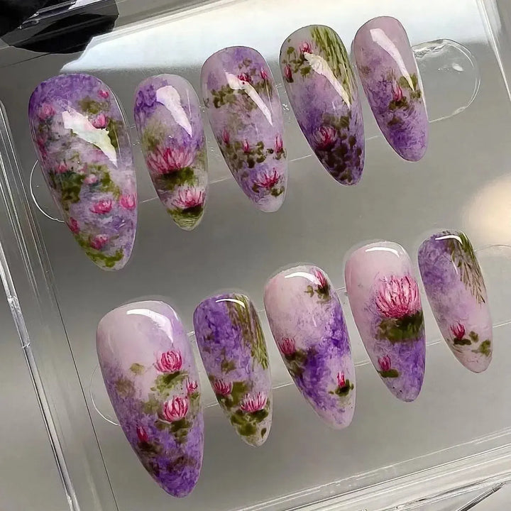 Almond Press-On Nails – 24 Pcs Flower Pattern False Nails | Bennys Beauty World-Nails-Bennys Beauty World