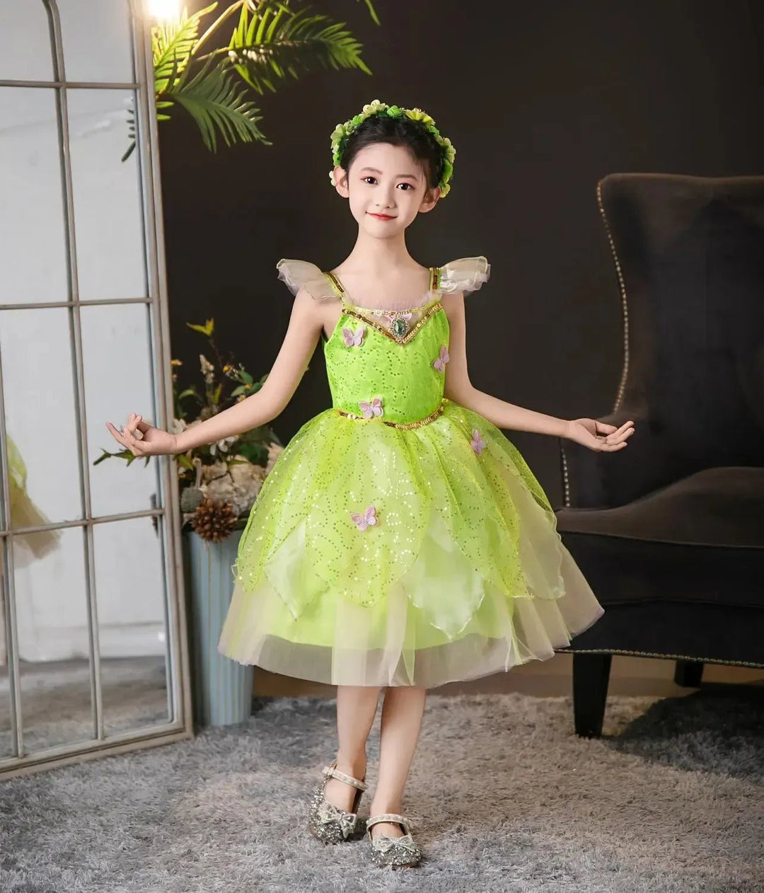 Girls Tinker Bell Fairy Dress – Puff Sleeve Toddler Costume - Bennys Beauty World