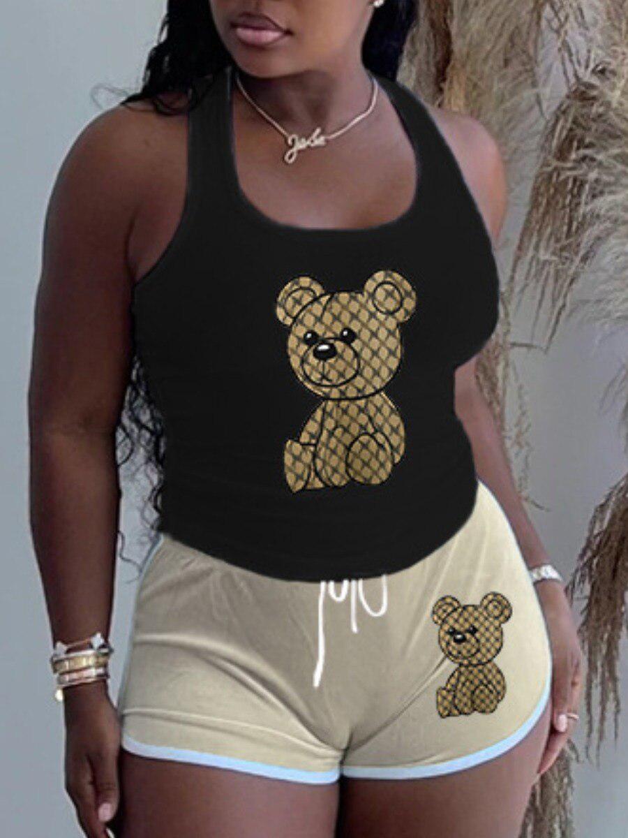 Geometric Bear Print Shorts Set O-Neck Short Sleeve Set-blouse-Bennys Beauty World