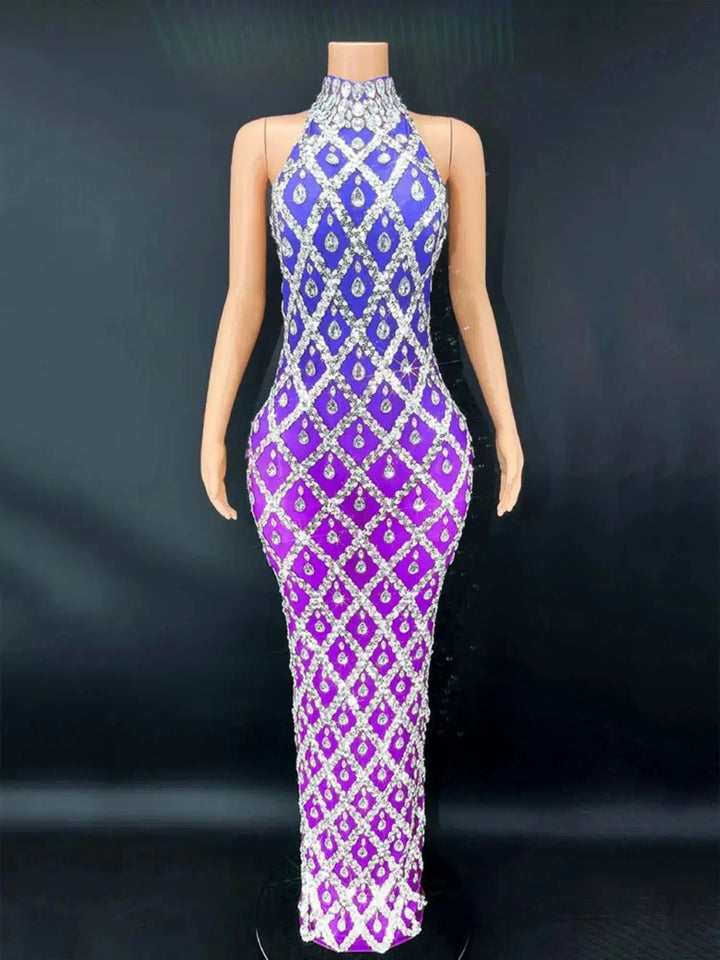 2024 Fashion Celebrity Evening Cocktail Party Maxi Dress Women's High Collar Sleeveless Bodyco Shiny Beaded Design Long Dresses-Bennys Beauty World