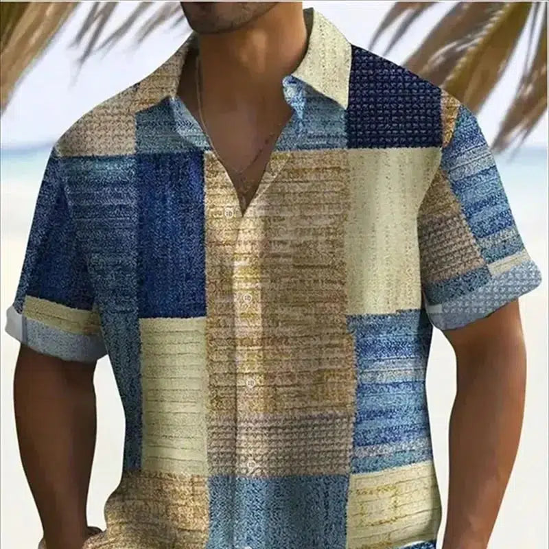 Men's Color Block 3D Printed button-down Lapel Short Sleeve Shirt-Shirts-Bennys Beauty World