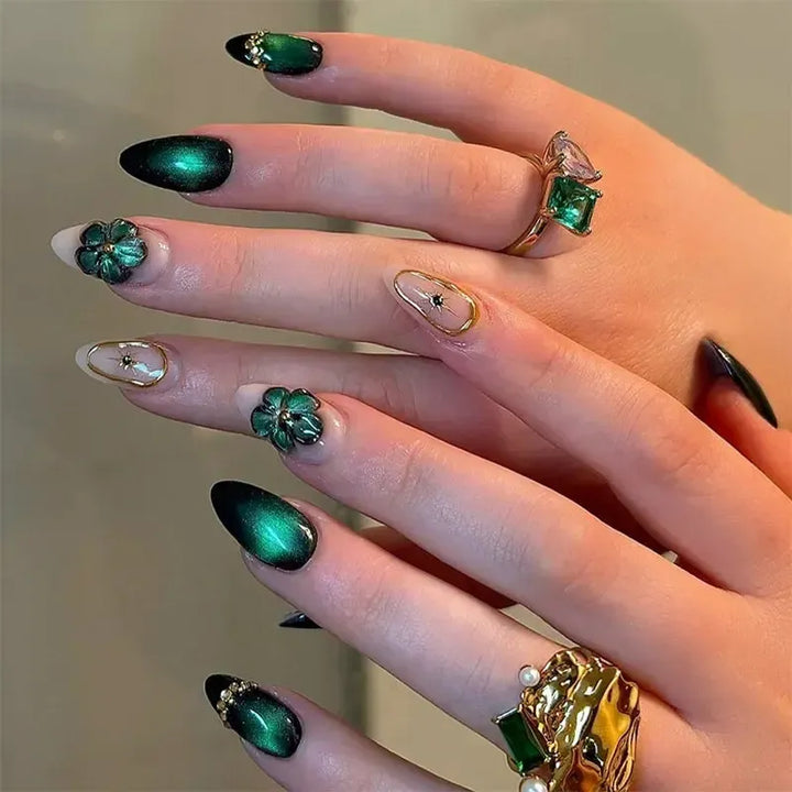Almond Press-On Nails – 24 Pcs Flower Pattern False Nails | Bennys Beauty World-Nails-Bennys Beauty World