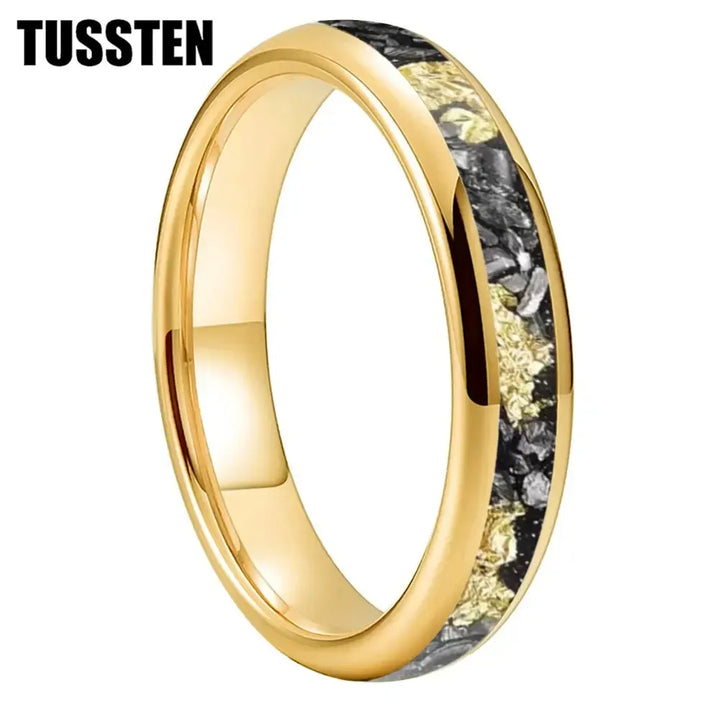 TUSSTEN Tungsten Carbide Wedding Band Ring – 4/6/8MM Dome Edge with Meteorite &amp; Gold Foil Inlay-Bennys Beauty World