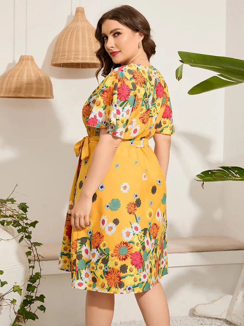 Midi Dress For Women Summer V Neck Floral Print Dress-Dresses-Bennys Beauty World