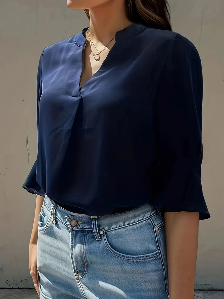 Women Fashion Solid Color Blouses Shirts Casual V Neck Tops-blouse-Bennys Beauty World