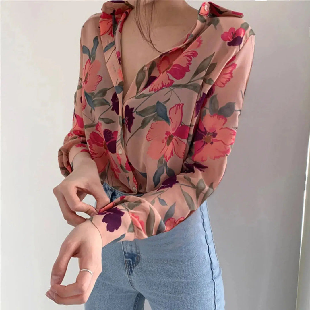 Women'S Blouse Dressy Blouses Puff Button Women Top V-Neck Printed Sleeve Fashion Long Chiffon Ladies Shirts Blusa Feminina-Bennys Beauty World