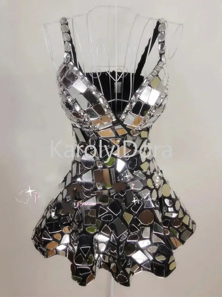 2023 Silver Mirror Dress Sexy Stage Costume Women Festival Outfit Nightclub Bar Singer Dj Ds Performance Clothing Handmade-Bennys Beauty World