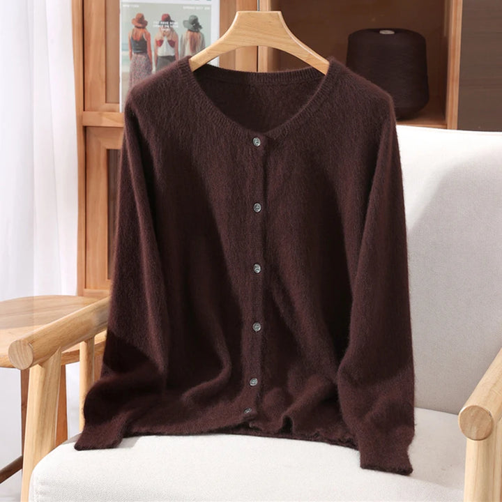 New Women 100% Mink Cashmere Sweater O-Neck Buttons Cardigan Autumn Winter Soft Warm Cable Kint Sweater Casual Long  Sleeve Tops