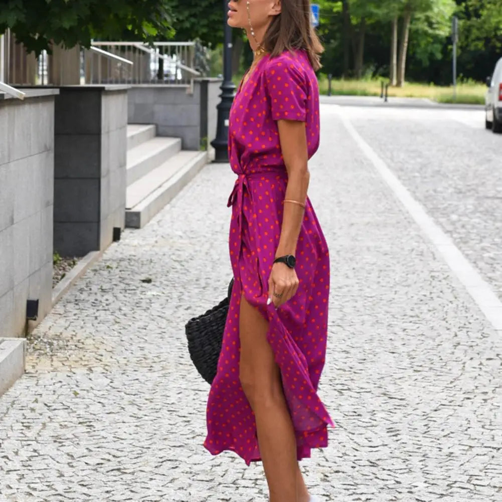 Women's Midi Dress V-neck Short Sleeve Floral Print Dress-Dress-Bennys Beauty World
