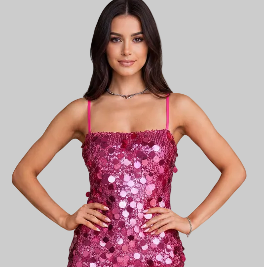 Sequin Square-Neck Spaghetti Strap Bodycon Mini Dress