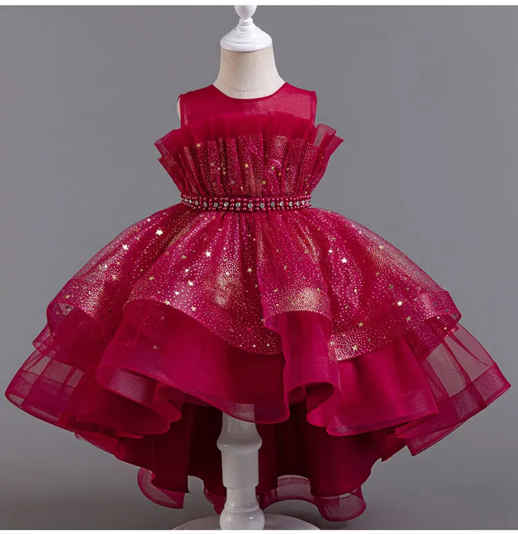 Girls Sequin Bow Princess Party Dress – Sleeveless Lace Mesh, Ages 2–12
