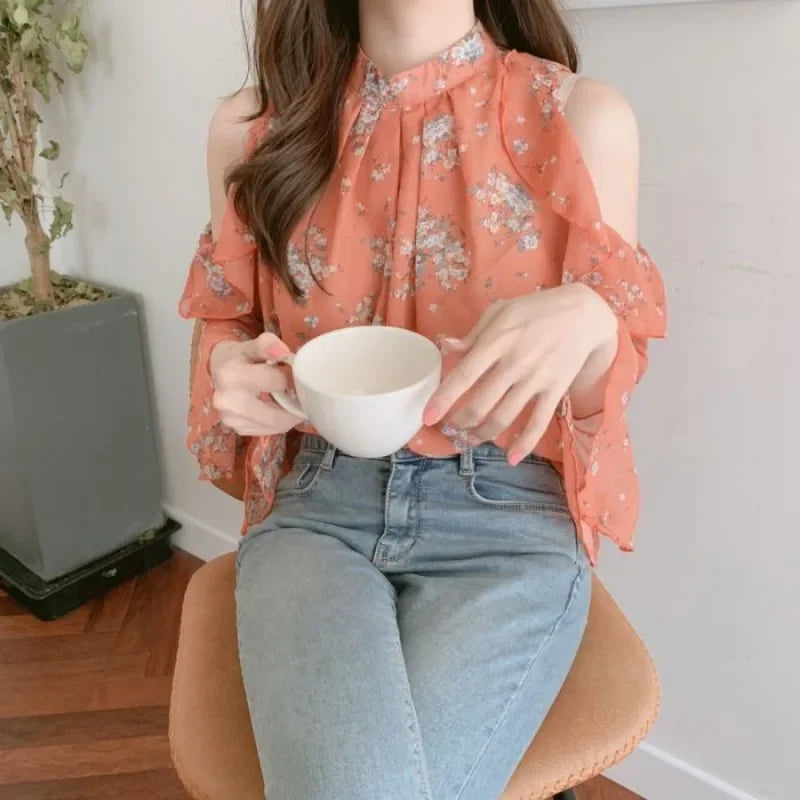 Floral Chiffon Shirts & Blouses For Women Off Shoulder Women's Top-Blouse-Bennys Beauty World