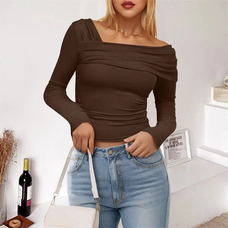 Womens Single Shoulder Long Sleeve T-Shirts-blouse-Bennys Beauty World