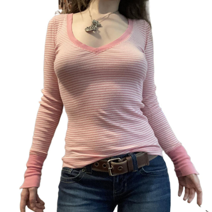 Vintage Knitted Sweater Cutest V Neck Long Sleeve Stripe Jumper-blouse-Bennys Beauty World