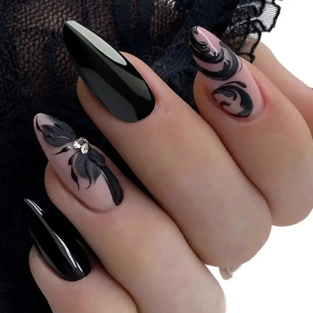 Almond Press-On Nails – 24 Pcs Flower Pattern False Nails | Bennys Beauty World-Nails-Bennys Beauty World