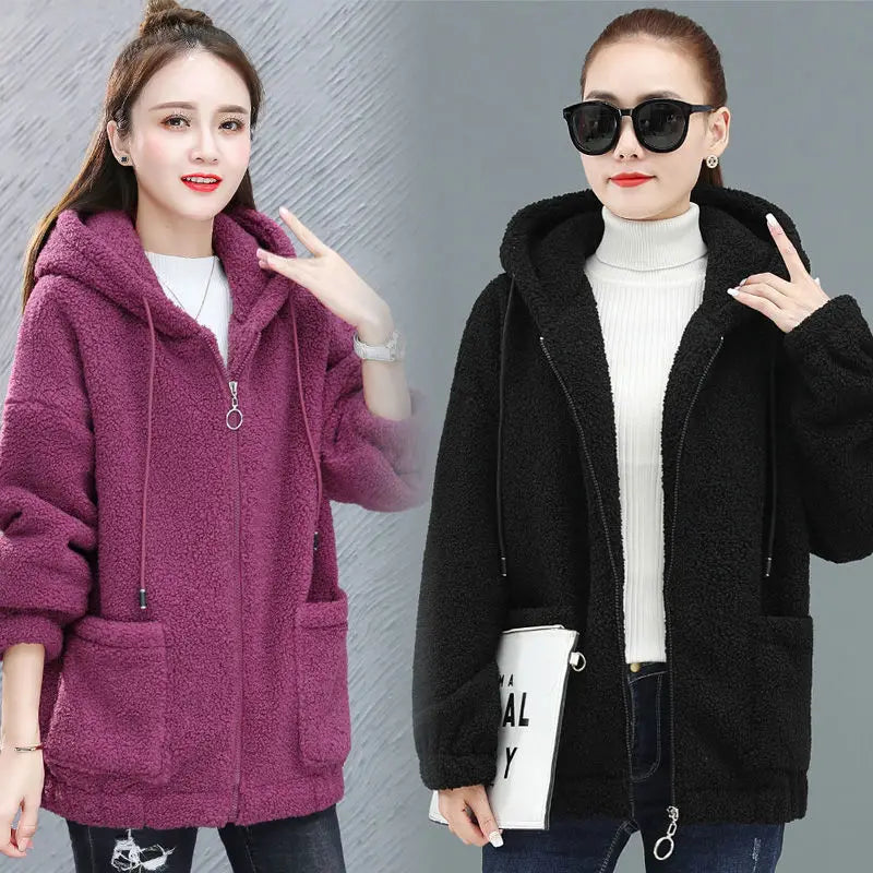 Women's Hooded Coat Chic Fleece Thick Solid Color Coat with Pockets
