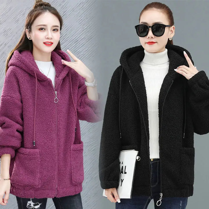 Women's Hooded Coat Chic Fleece Thick Solid Color Coat with Pockets