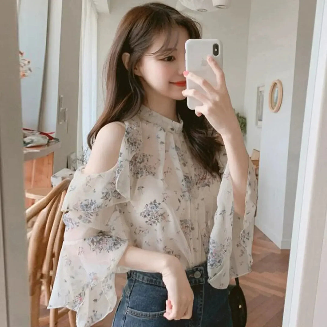 Floral Chiffon Shirts & Blouses For Women Off Shoulder Women's Top-Blouse-Bennys Beauty World