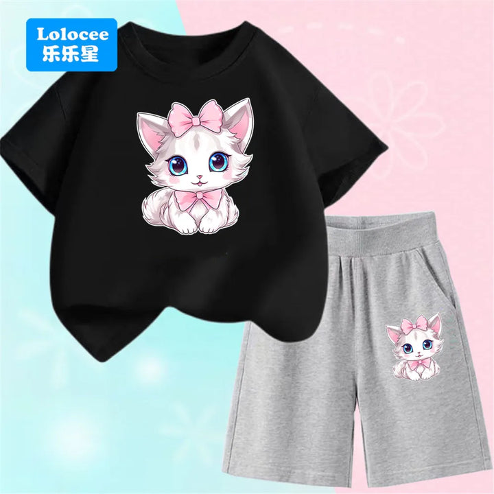 Girls Bow Cat Print T-Shirt &amp; Shorts Set | 2-Piece Summer Outfit | Ages 3–14