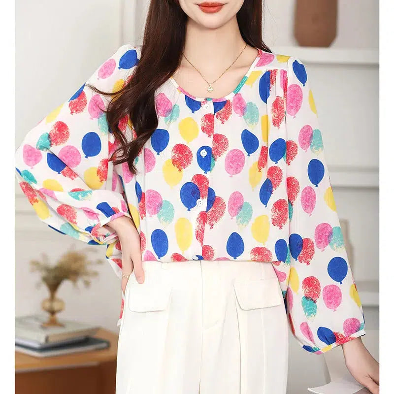 Womens Fashion Loose Casual Chiffon Shirts Spring Chic Balloon Printed Tops-blouse-Bennys Beauty World