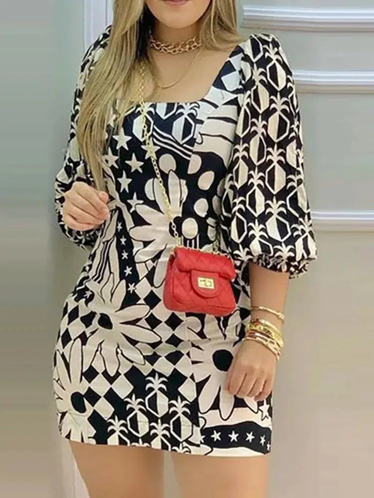 Floral Print Lantern Sleeve Casual Dress Women Square Neck Mini Dress-Dress-Bennys Beauty World