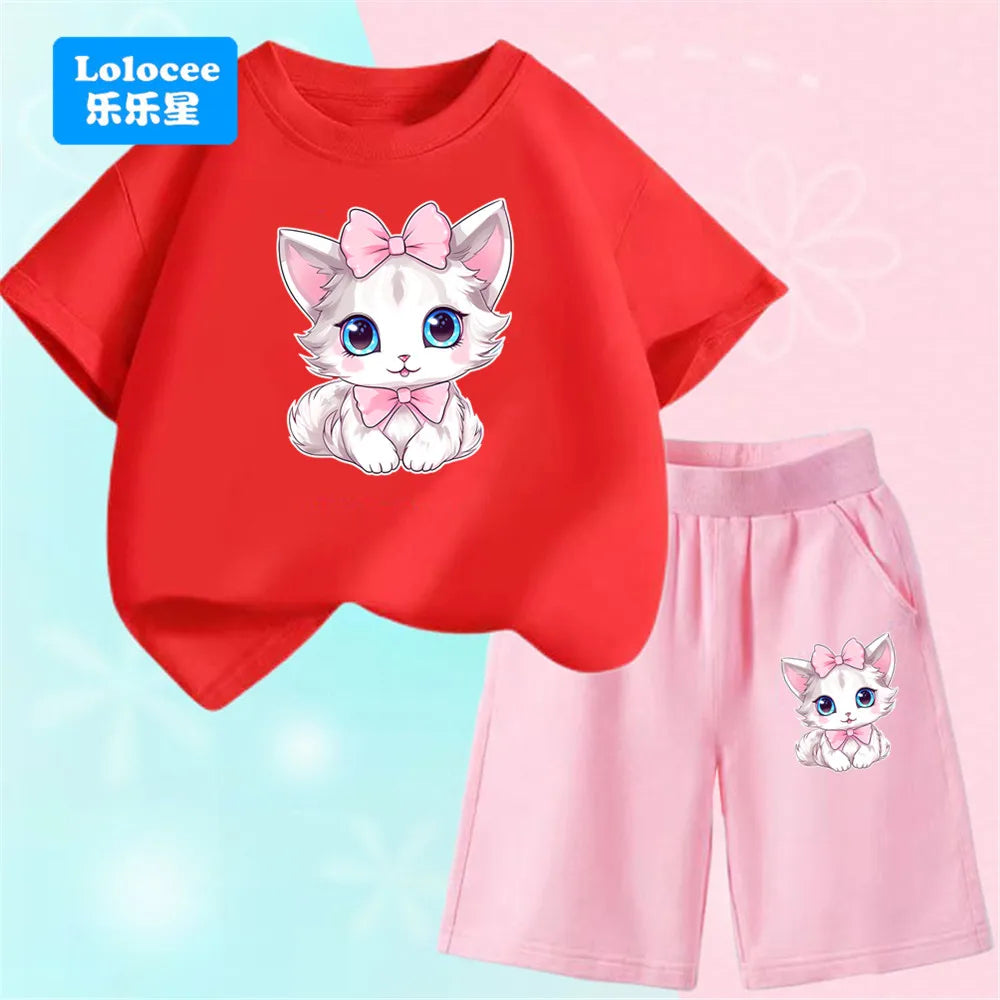 Girls Bow Cat Print T-Shirt &amp; Shorts Set | 2-Piece Summer Outfit | Ages 3–14