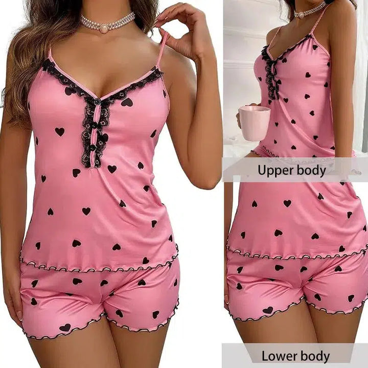 Sexy Summer Two Pieces Women Pajamas Set Deep V-Neck Tops And Shorts Pajama Suit Ladies Sleeveless Nightwear For Female-Bennys Beauty World