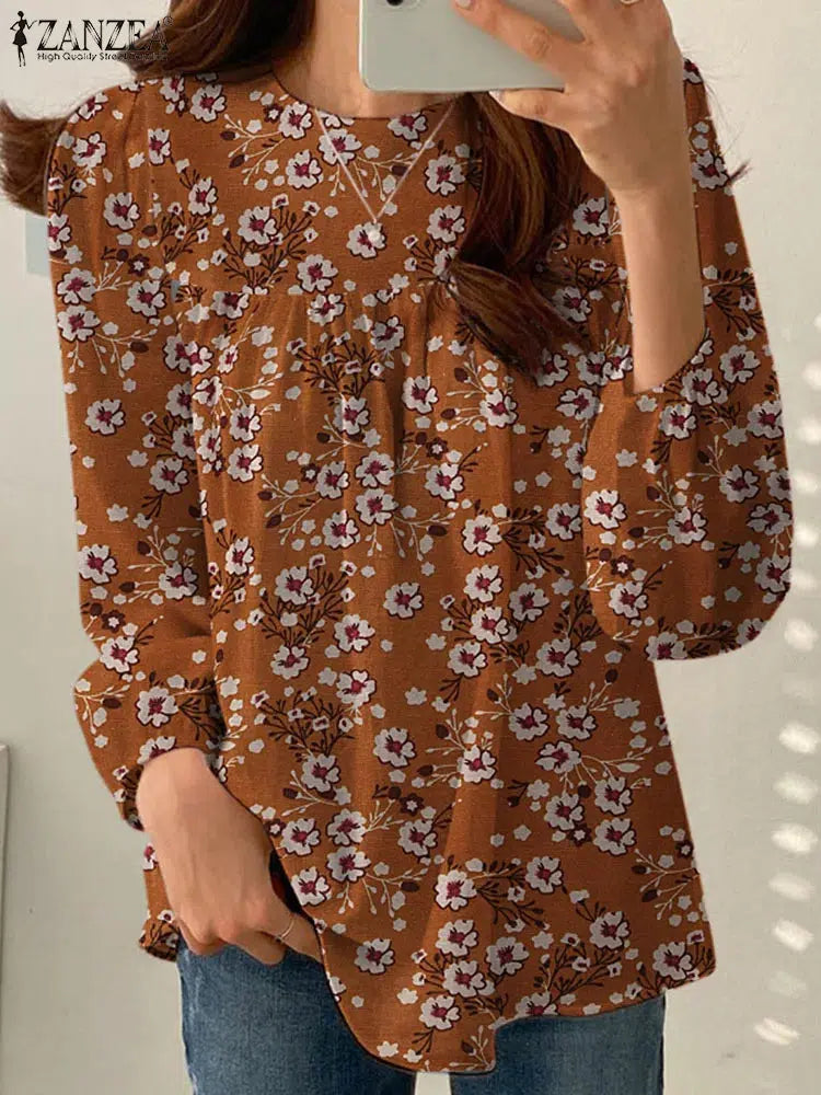 Women's Casual Floral Printed Blouse Puff Sleeve O-Neck Blouse-blouse-Bennys Beauty World