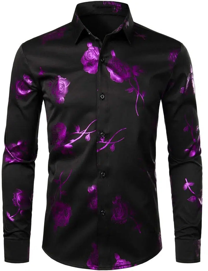 Fashion Men's Shirt Flowers 3D Printing Lapel Button Top Long Sleeve Shirt-shirt-Bennys Beauty World