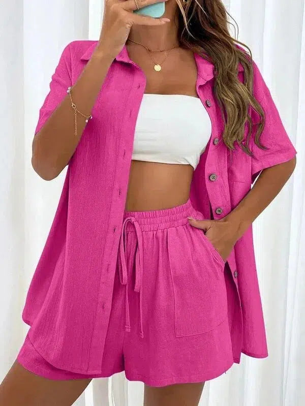 Womens Summer Fashion Short Sleeve Shirt With Shorts Two Piece Set